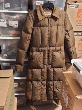 Vintage Carson Pirie Scott WMN Long Puff Goose Down Coat &Hoody Green Olive Sz10